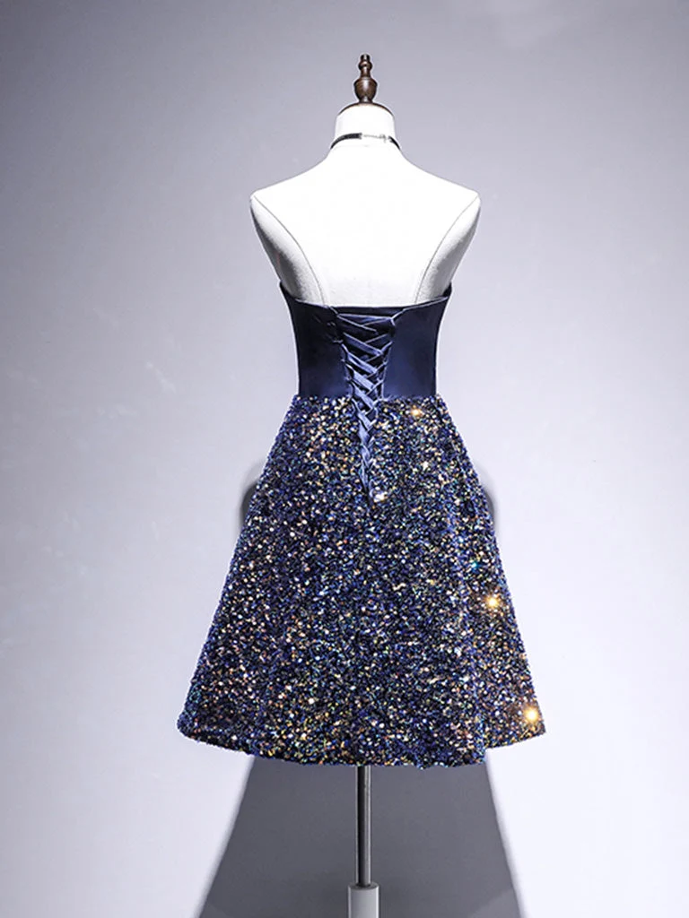 Robe de soirée formelle à paillettes scintillantes bleu marine, robe de remise de diplôme de 8e année