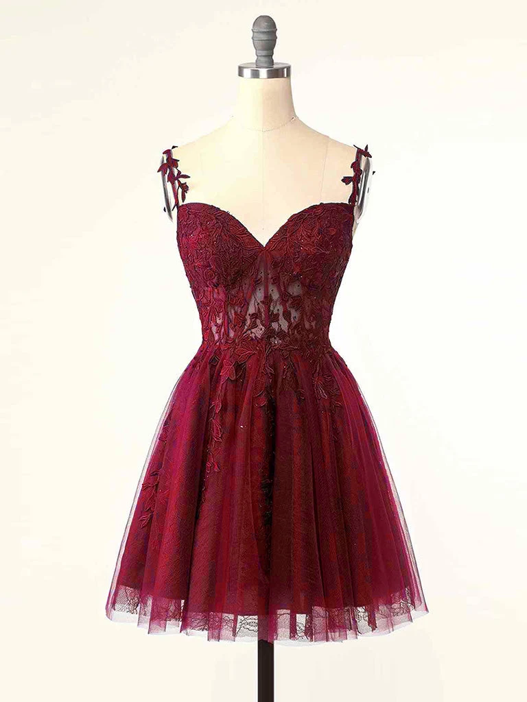 Robe de bal courte bordeaux en dentelle à bretelles spaghetti, robe de bal courte