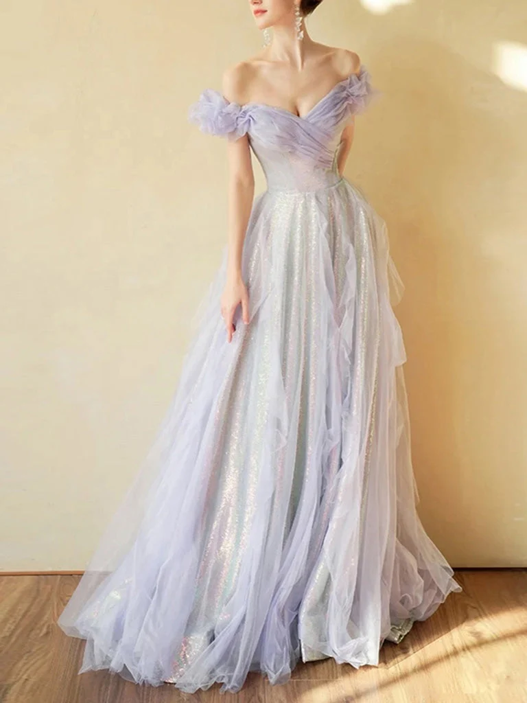 Robe de bal bohème en tulle à volants et paillettes lilas à épaules dénudées