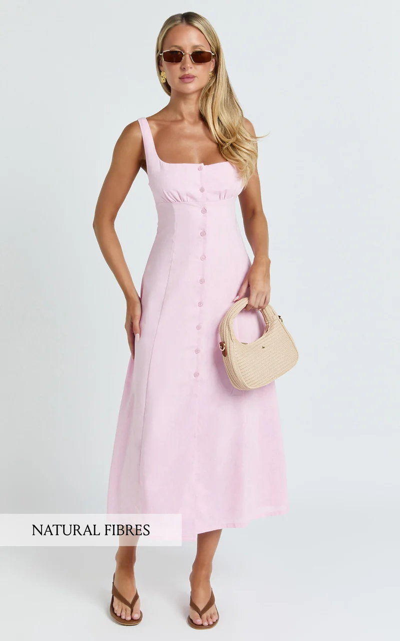 Cameron Midi Dress - Button Front Tie Back Dress in Pink