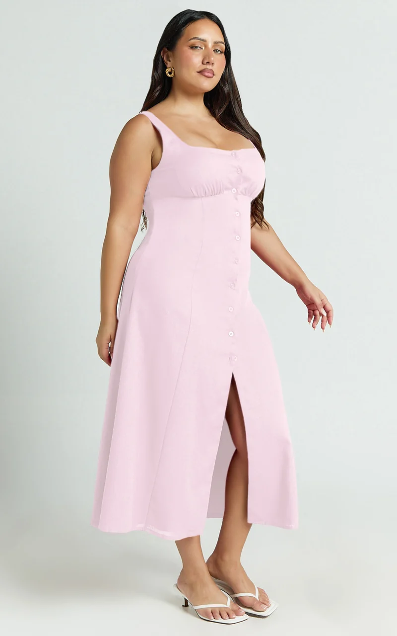 Cameron Midi Dress - Button Front Tie Back Dress in Pink