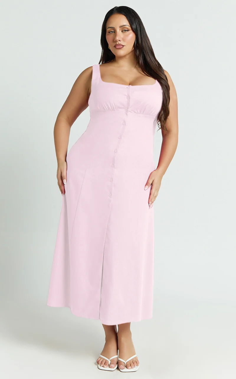 Cameron Midi Dress - Button Front Tie Back Dress in Pink