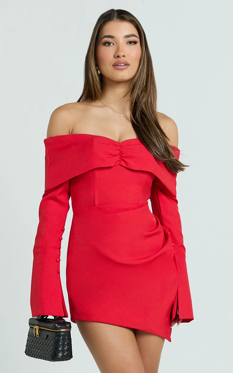 Cyrus Mini Dress - Off Shoulder Long Sleeve Fit And Flare Dress in Cherry