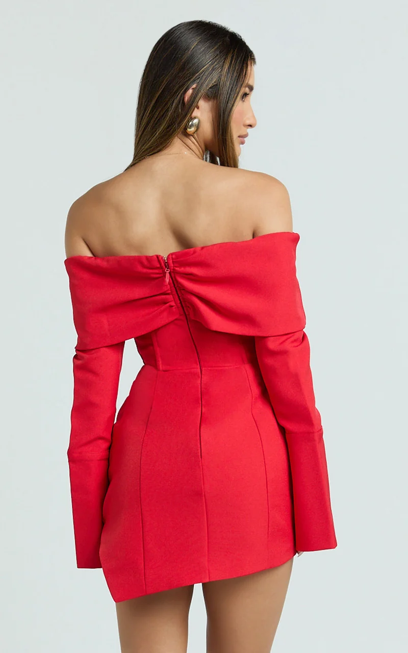 Cyrus Mini Dress - Off Shoulder Long Sleeve Fit And Flare Dress in Cherry