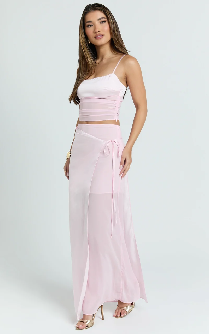 Jordyn Two Piece Top and Skirt Set - Square Neck Cami Top And Maxi Skirt Set in Pink