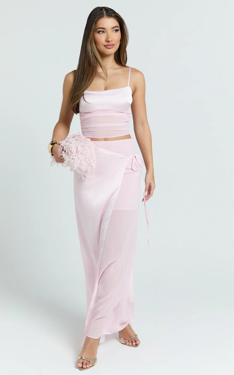 Jordyn Two Piece Top and Skirt Set - Square Neck Cami Top And Maxi Skirt Set in Pink