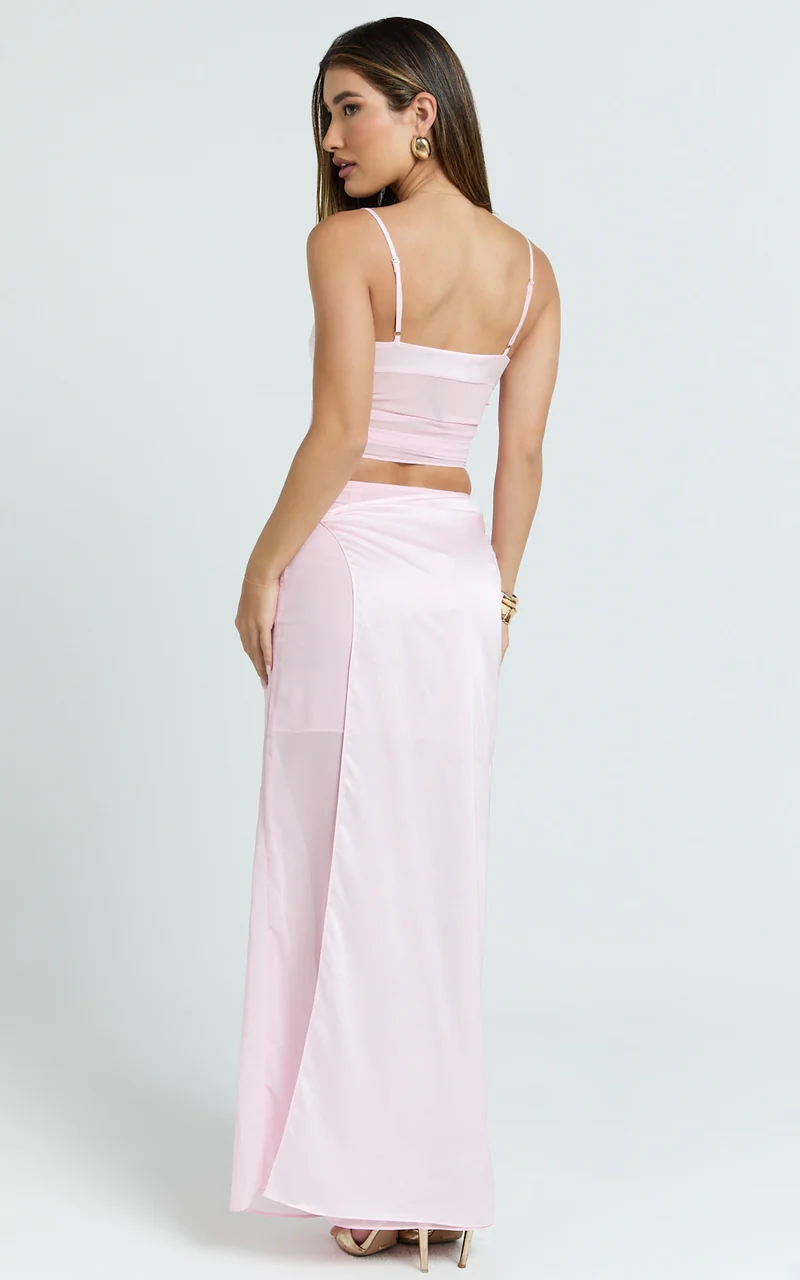 Jordyn Two Piece Top and Skirt Set - Square Neck Cami Top And Maxi Skirt Set in Pink