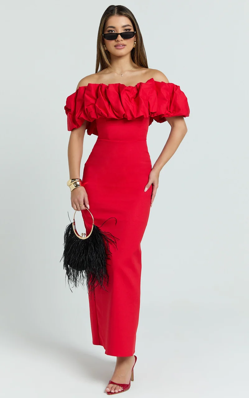 Rhaya Midi Dress - Ruffle Off Shoulder Fitted Dress in Red