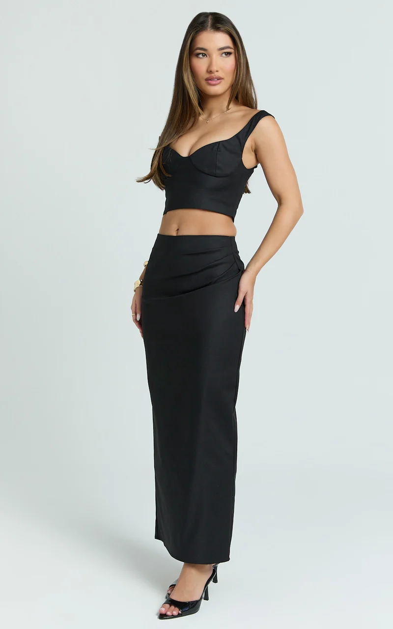 Pietra Two Piece Top and Skirt Set - Off Shoulder Top and Fitted Maxi Skirt Set in Black
