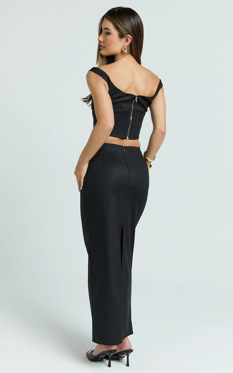 Pietra Two Piece Top and Skirt Set - Off Shoulder Top and Fitted Maxi Skirt Set in Black