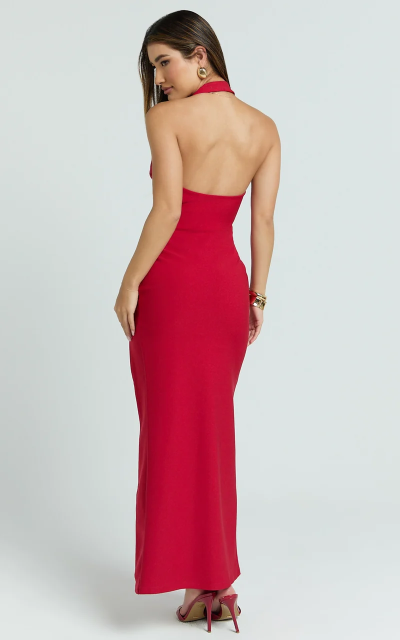 Ruby Maxi Dress - Halter Scoop Neck Low Back Bodycon Dress in Red