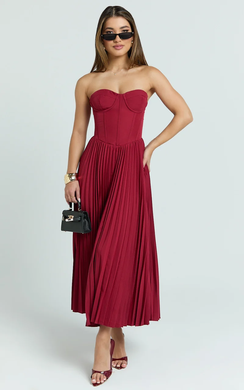 Loretta Midi Dress - Lace Up Back Bustier Pleated Dress in Wine