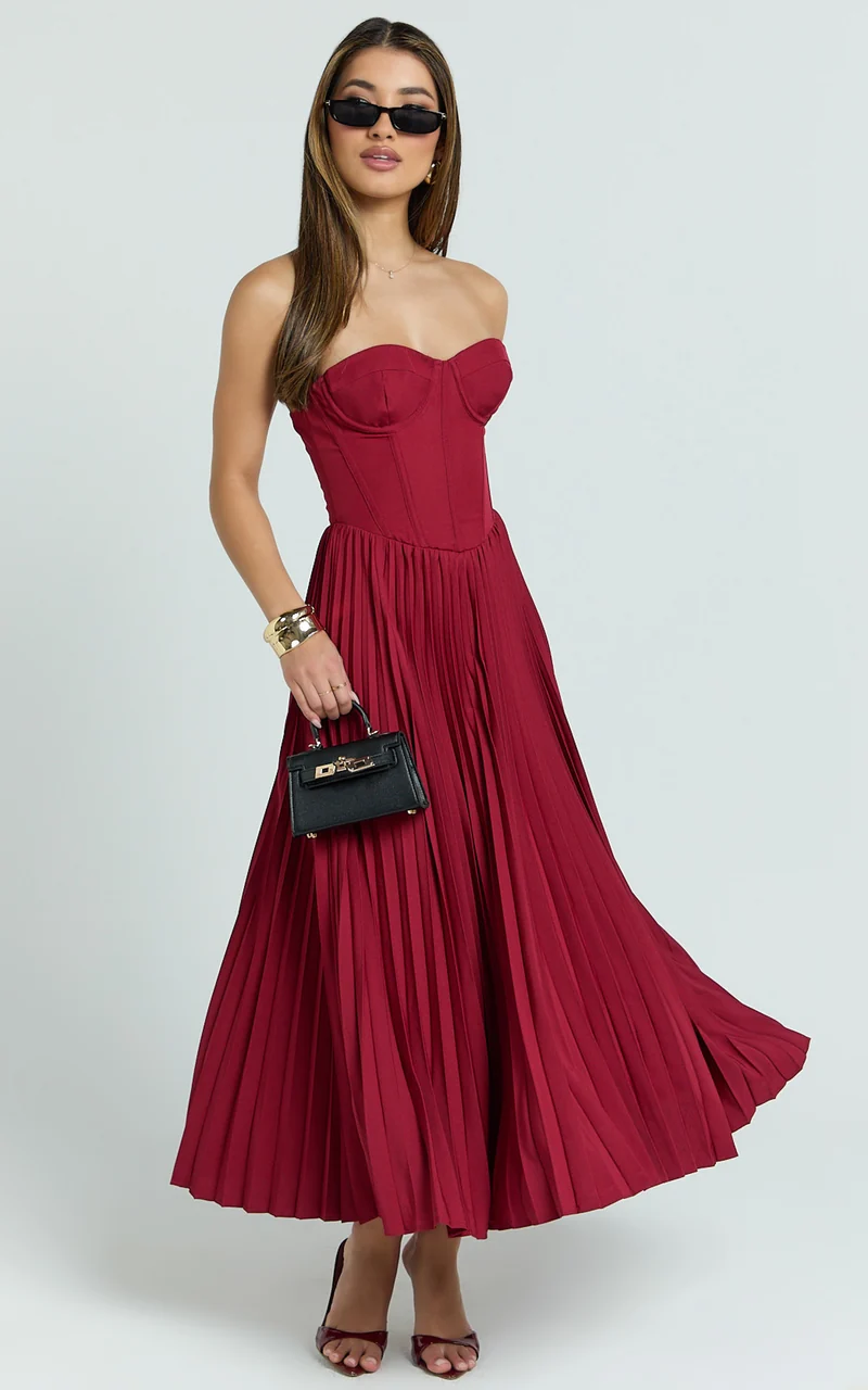 Loretta Midi Dress - Lace Up Back Bustier Pleated Dress in Wine