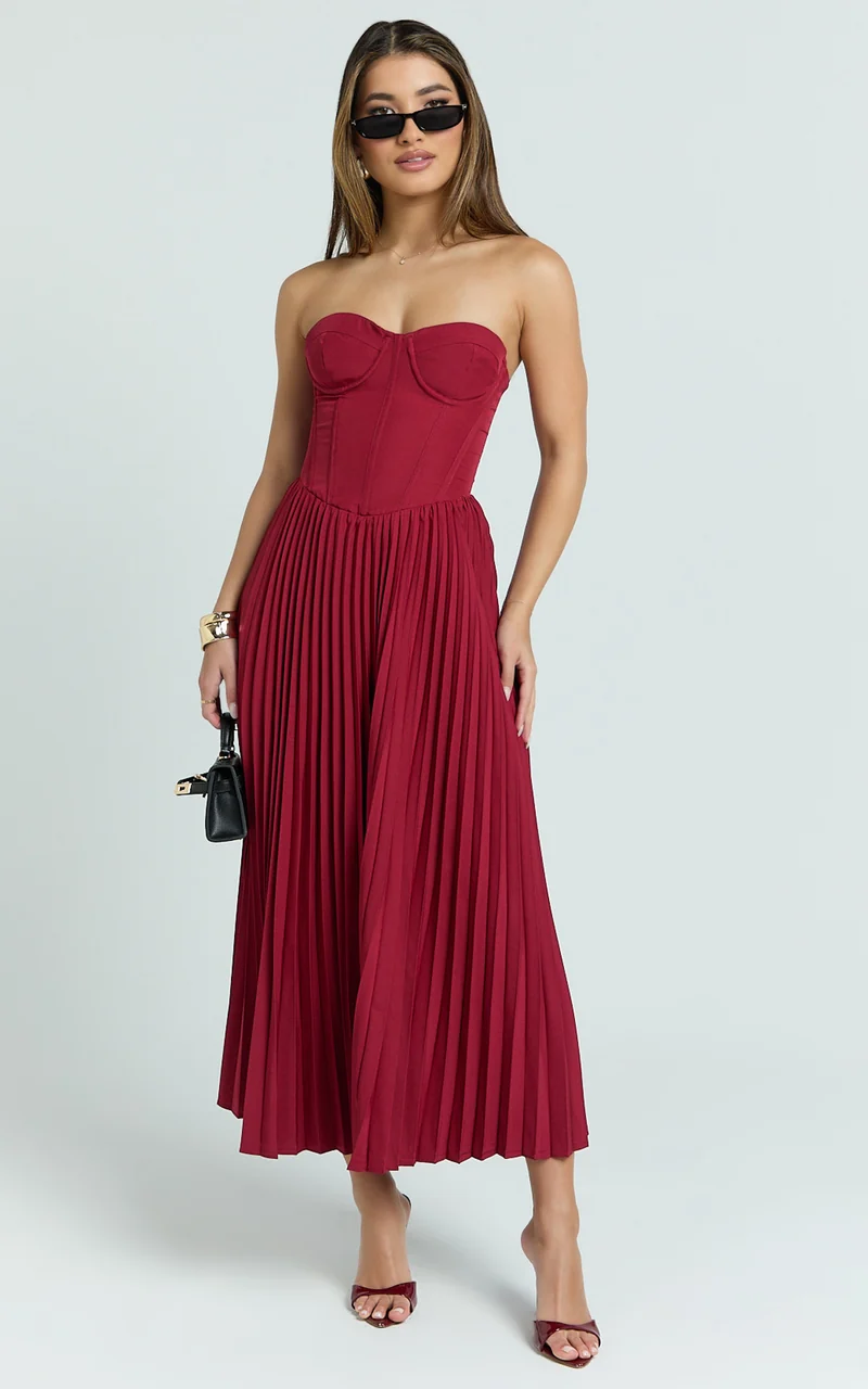 Loretta Midi Dress - Lace Up Back Bustier Pleated Dress in Wine