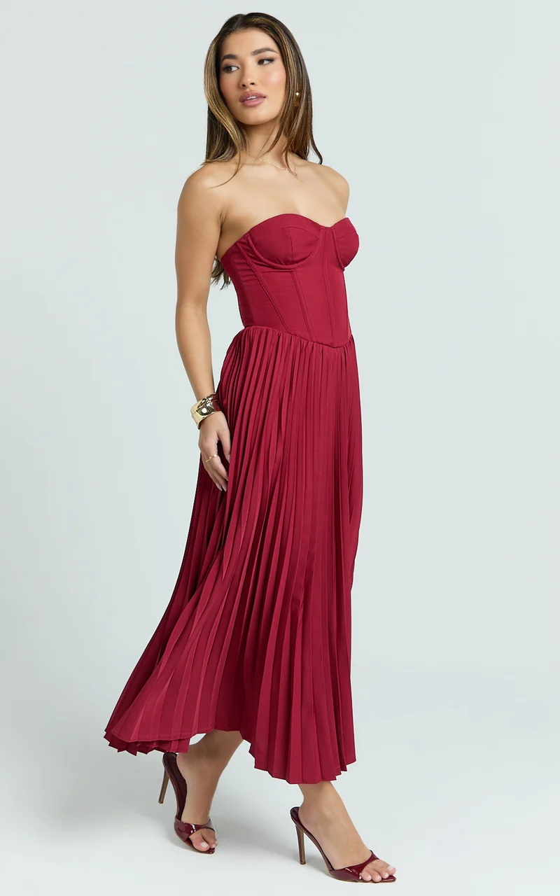 Loretta Midi Dress - Lace Up Back Bustier Pleated Dress in Wine