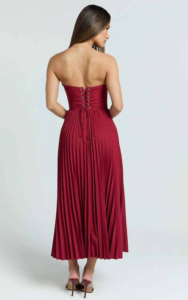 Loretta Midi Dress - Lace Up Back Bustier Pleated Dress in Wine