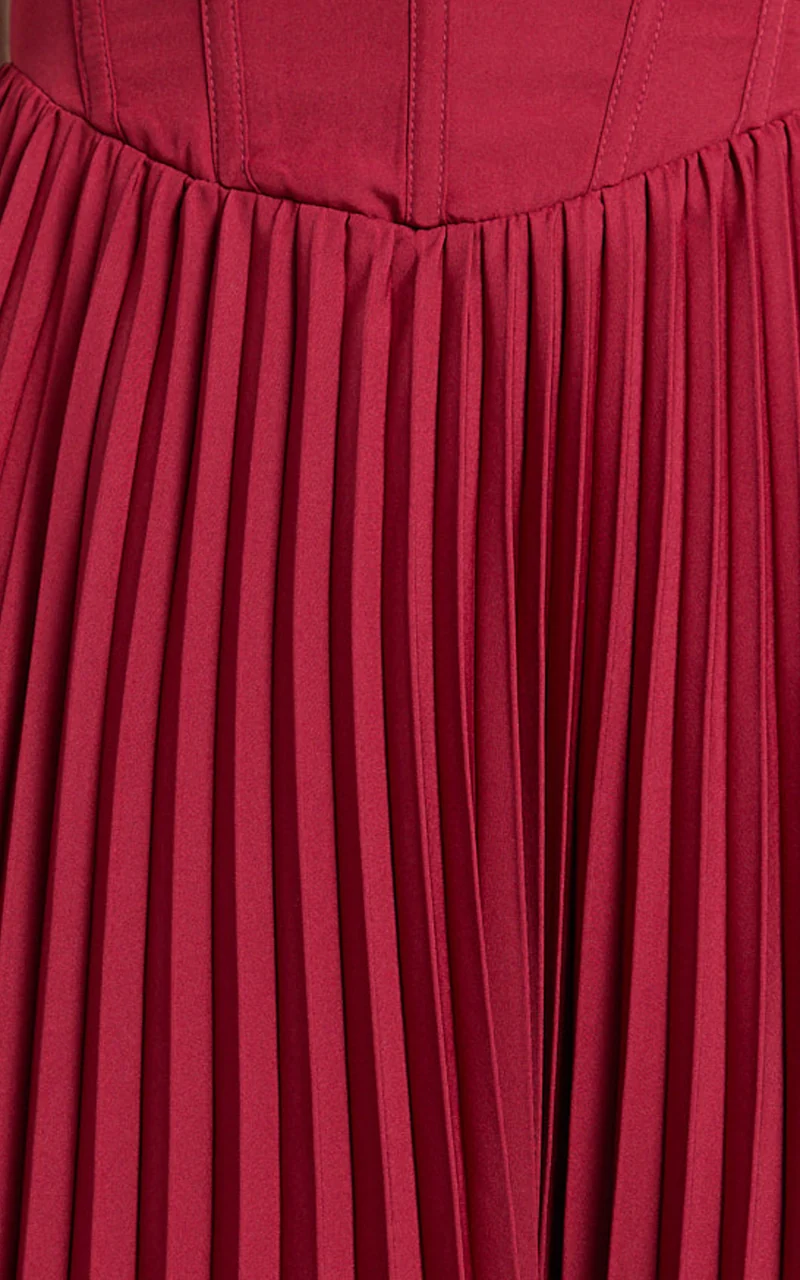 Loretta Midi Dress - Lace Up Back Bustier Pleated Dress in Wine
