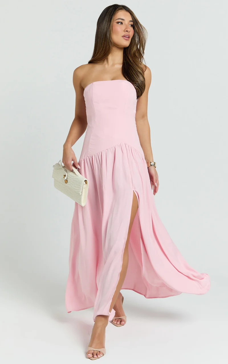 Nadiane Midi Dress - Strapless Asymmetric Drop Waist Dress in Pink