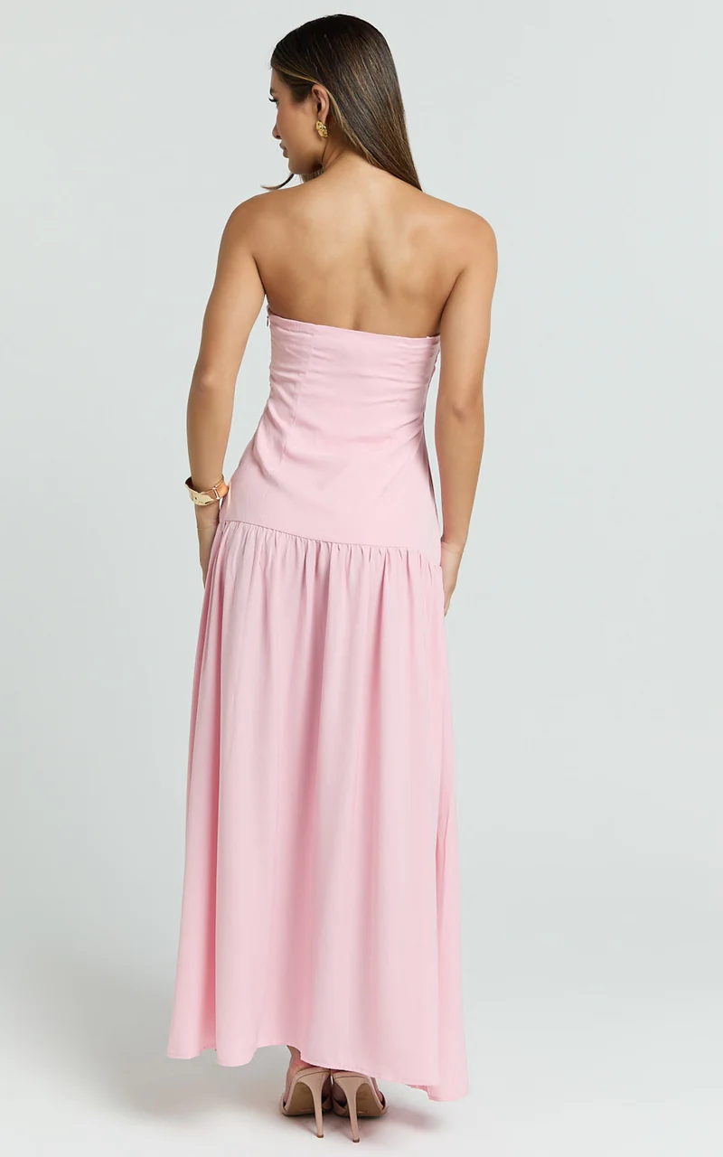 Nadiane Midi Dress - Strapless Asymmetric Drop Waist Dress in Pink