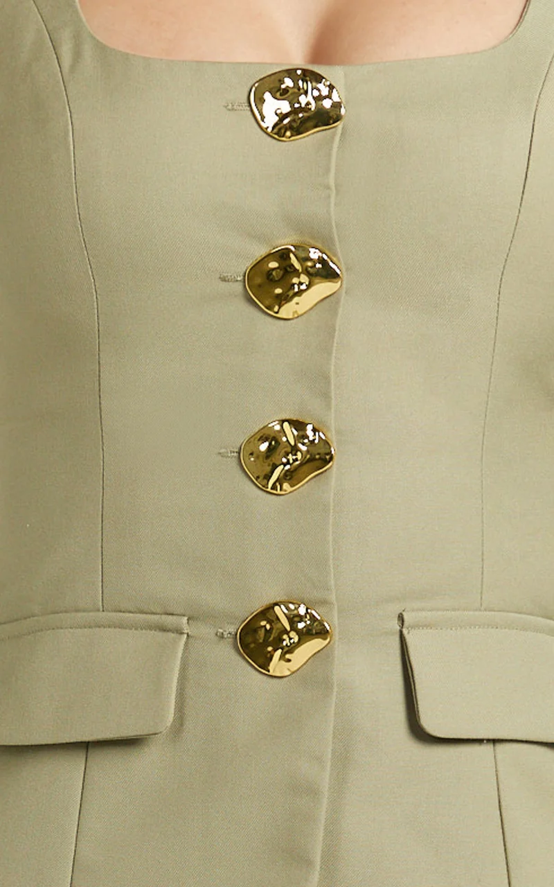 Phyllis Two Piece Set - Tailored Scoop Neck Vest Top and A Line Mini Skirt Set with Gold Buttons in Sage