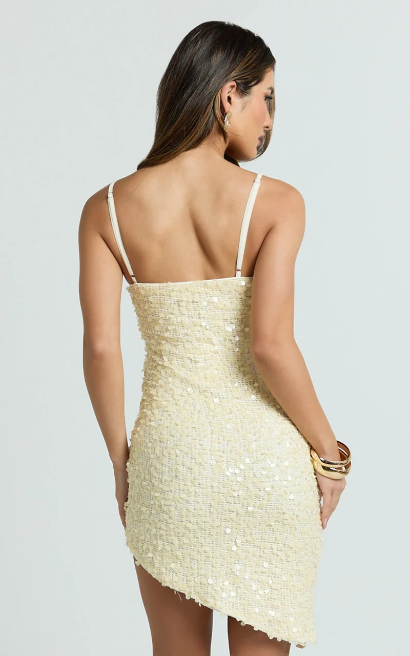 Celeste Mini Dress - Sequin V Neck Asymmetrical Dress in Lemon