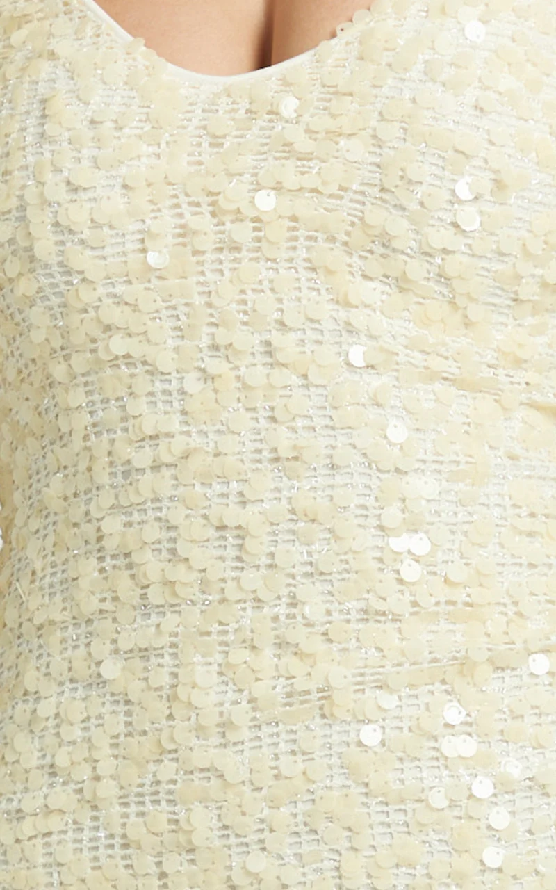 Celeste Mini Dress - Sequin V Neck Asymmetrical Dress in Lemon
