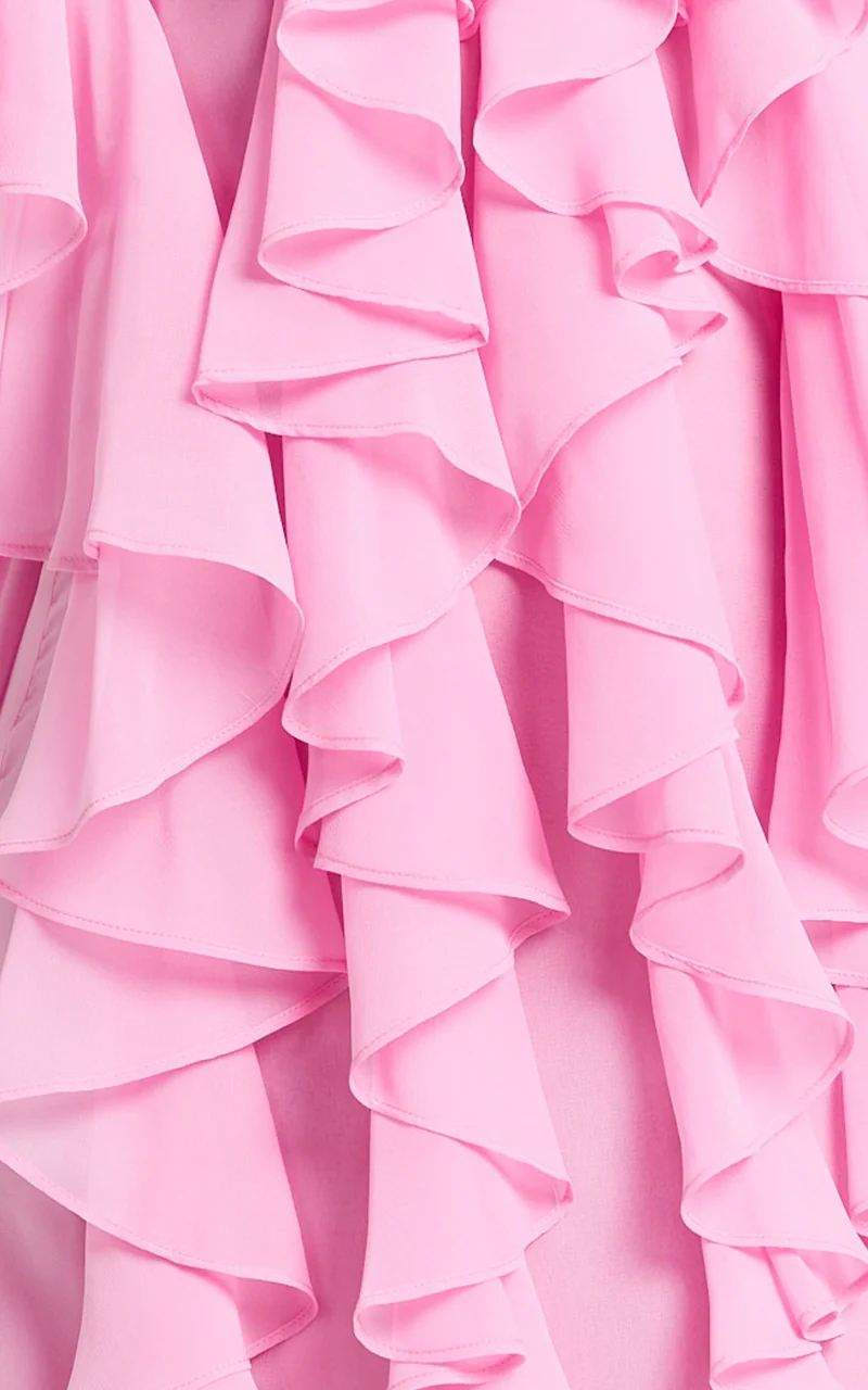 Carlson Mini Dress - Halter Neck Ruffle Tiered Dress in Pink