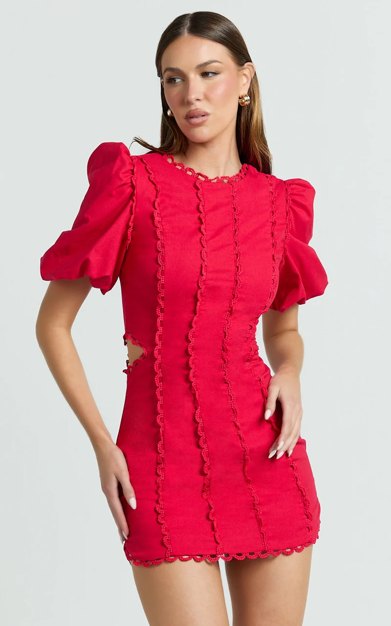Laila Mini Linen Blend Dress - High Neck Side Cut Out Puff Sleeve Straight Dress in Red