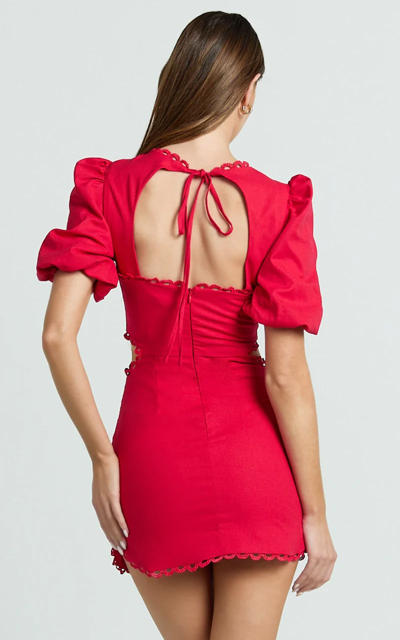 Laila Mini Linen Blend Dress - High Neck Side Cut Out Puff Sleeve Straight Dress in Red