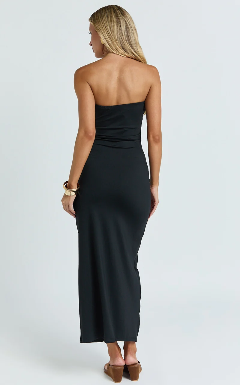 Natasha Midi Dress - Strapless Ruched Column Dress in Black