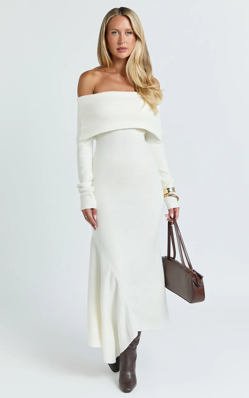 Karina Midi Dress - Long Sleeve Folded Off Shoulder Asymmetric Dress in Cream