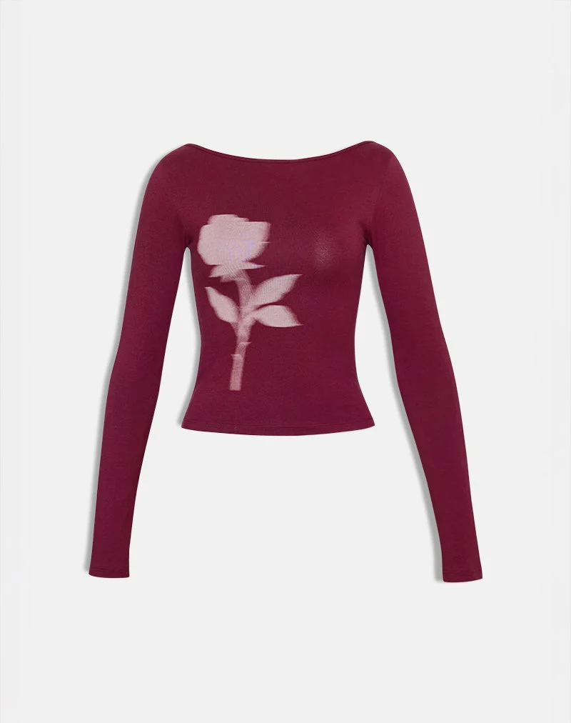 Amabon Long Sleeve Top in Burgundy Blurred Rose