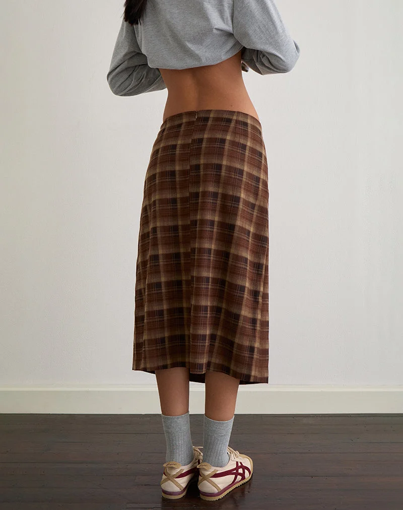 Badria Midi Skirt in Tartan Brown Red