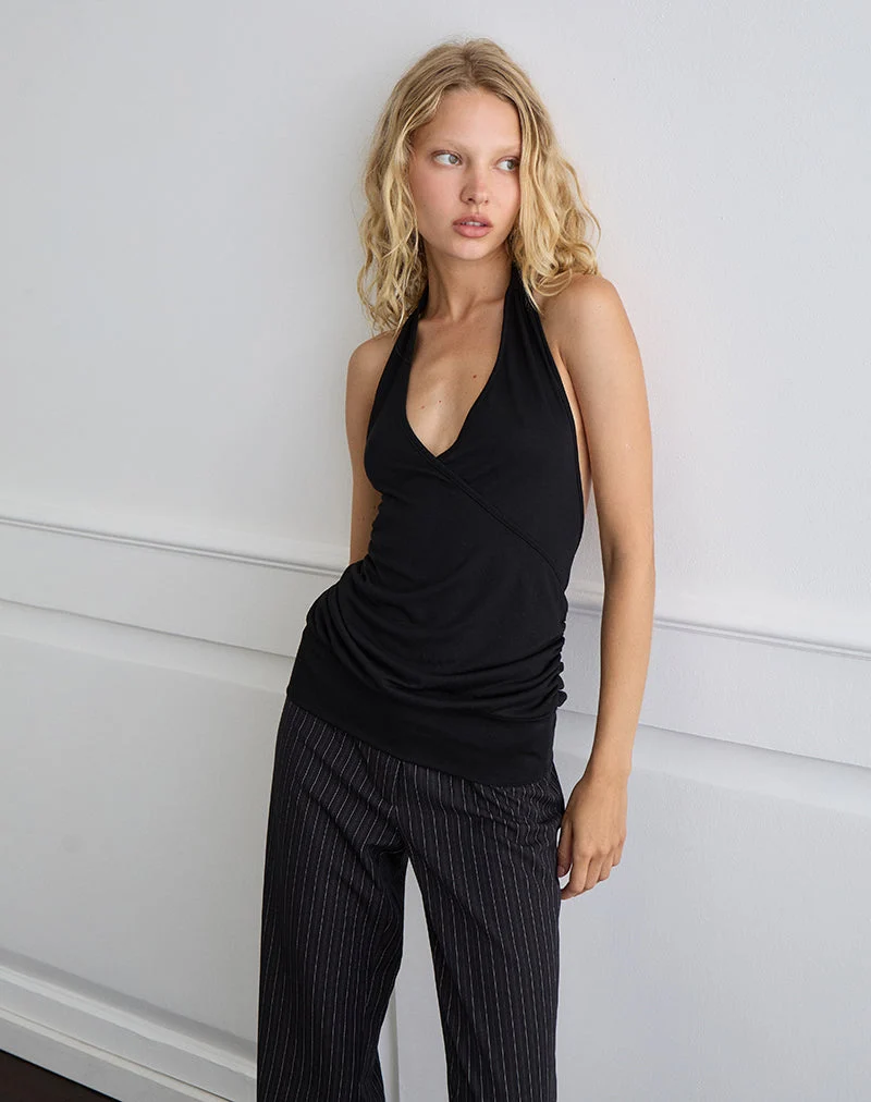 Seren Plunge Wrap Top in Cupro Black