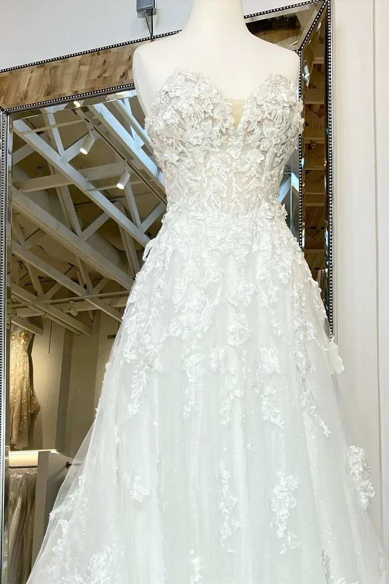 DollyGown Robe de mariée bustier en dentelle avec traîne cathédrale