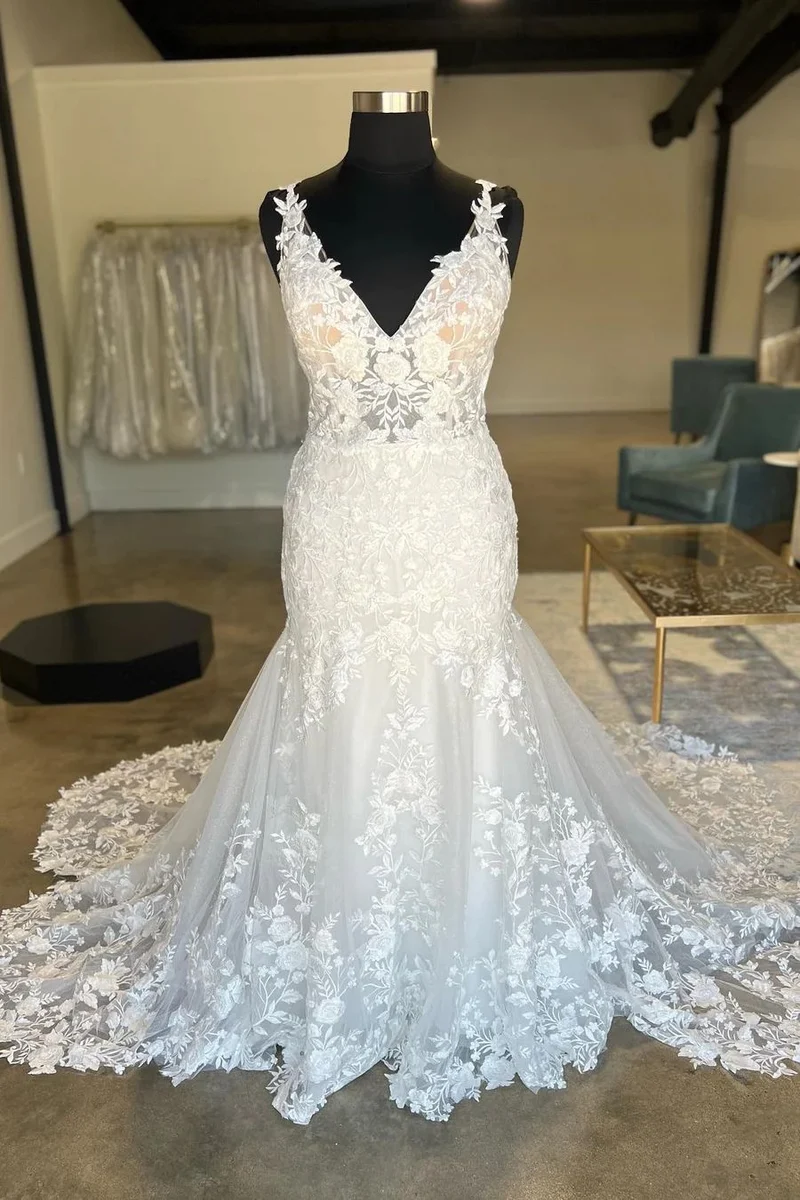 Robe de mariée transparente en dentelle, décolleté en V, grande taille, ajustée et évasée