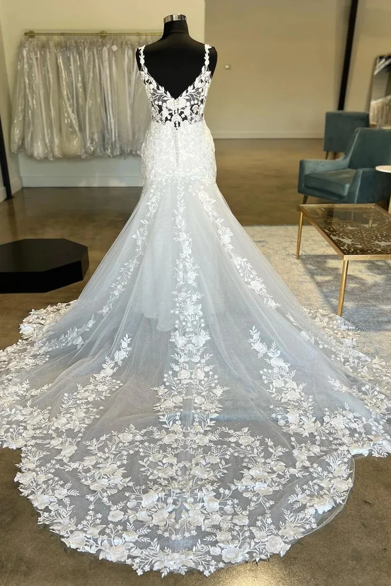 Robe de mariée transparente en dentelle, décolleté en V, grande taille, ajustée et évasée