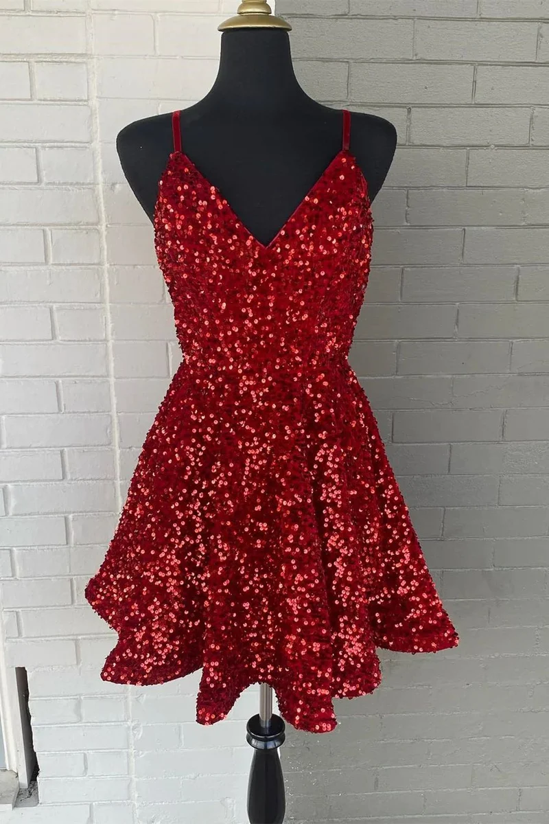 Robe de soirée courte classique à paillettes rouges pour juniors
