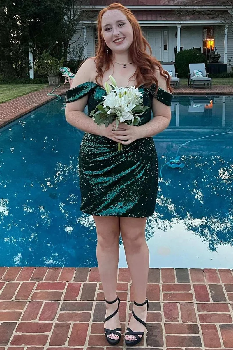 Robe de soirée à paillettes, col rond, épaules dénudées