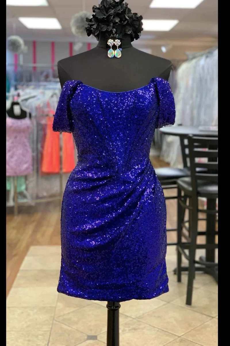 Robe de soirée à paillettes, col rond, épaules dénudées