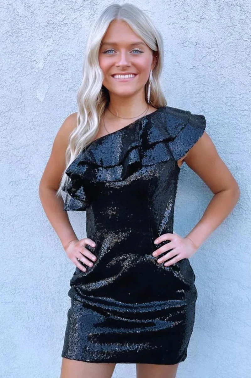 Robe de soirée noire à une épaule et à paillettes pour juniors