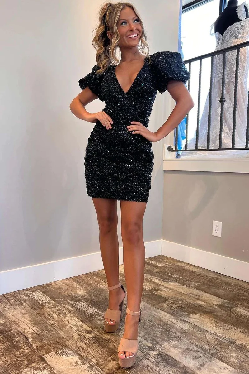 Robe de soirée à paillettes noires, coupe ajustée, manches Buble, Black Girl Slays