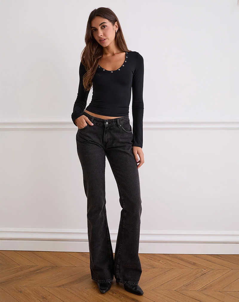 Myoga Studded Scoop Long Sleeve Top in Black