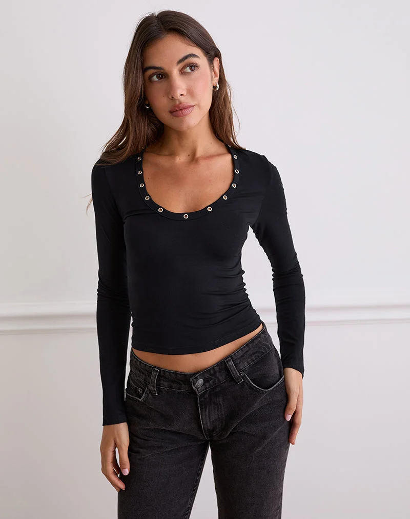 Myoga Studded Scoop Long Sleeve Top in Black