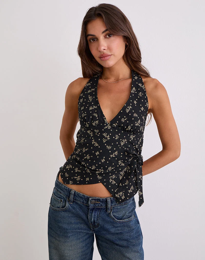 Yung Halterneck Wrap Top in Floral Land Black