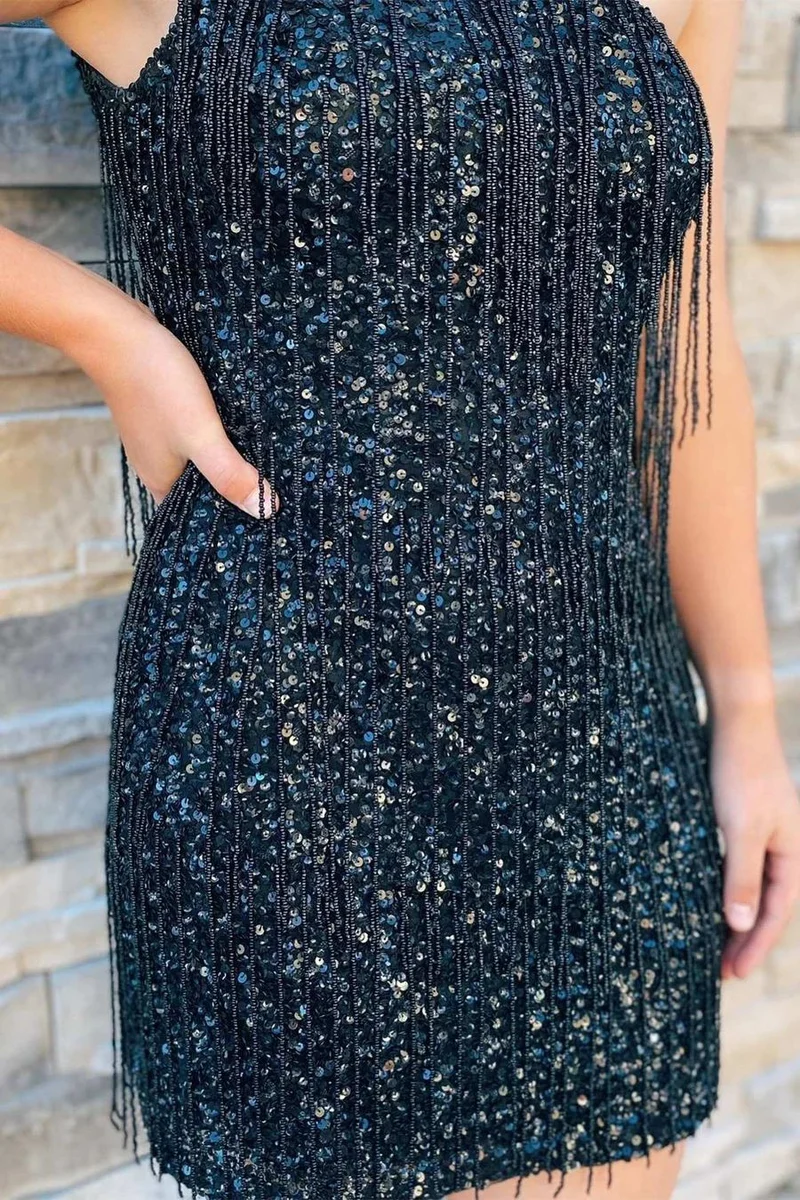 Robe de soirée à paillettes noires, asymétrique épaule dénudée, glands de perles