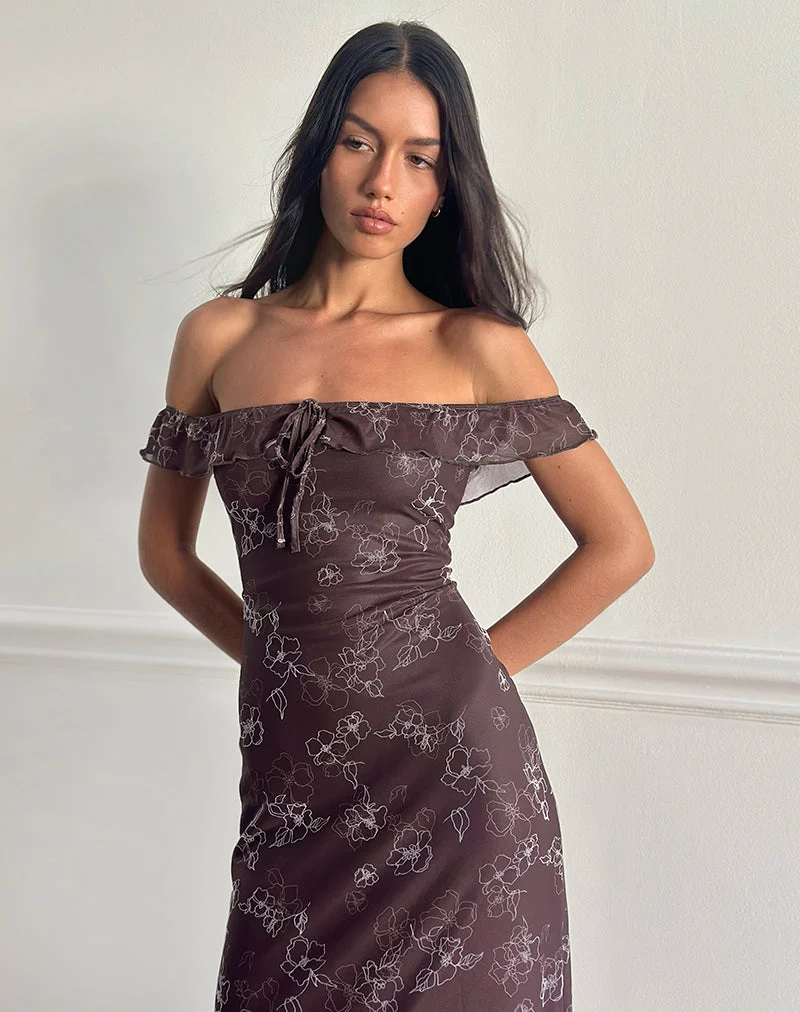 Robe midi Catrin en Doodle Flower Flock Brown