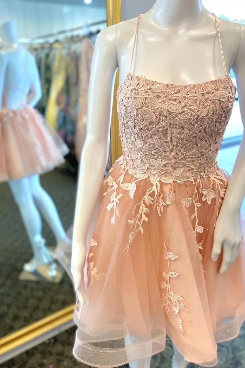 Robe de soirée pour adolescents avec appliques en dentelle champagne