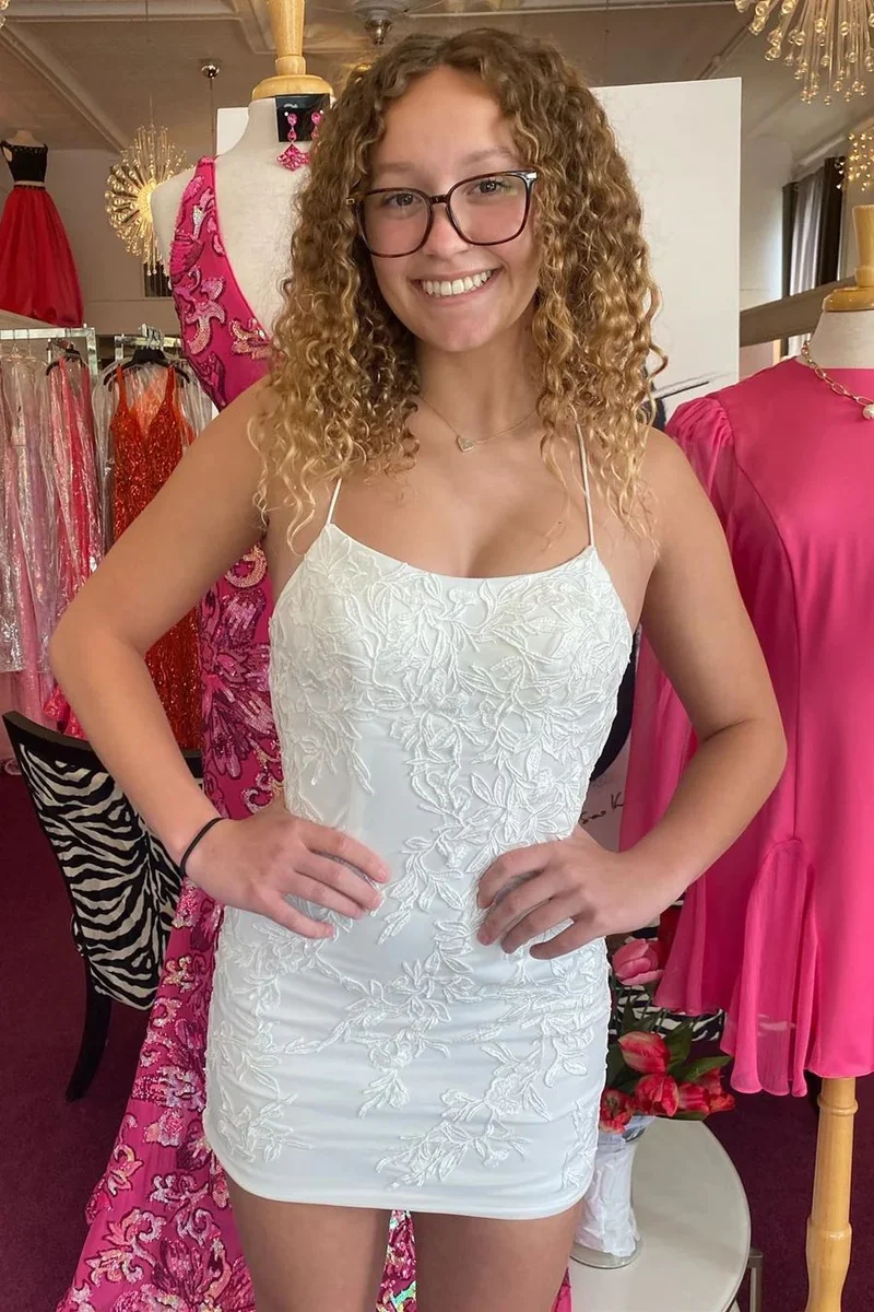 Robe de soirée moulante en dentelle blanche pour adolescente
