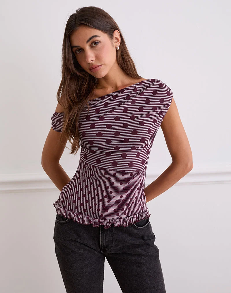 Tarya Asymmetric Top in Stripe Polka Plum (Top asymétrique à rayures)
